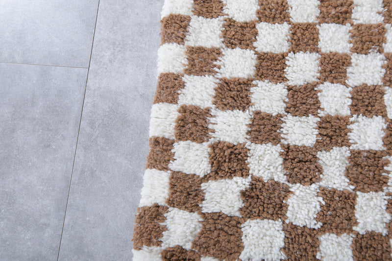 Checkered Moroccan Rug - Handwoven 3.2 x 3.3 Feet | Brown & White Wool Accent