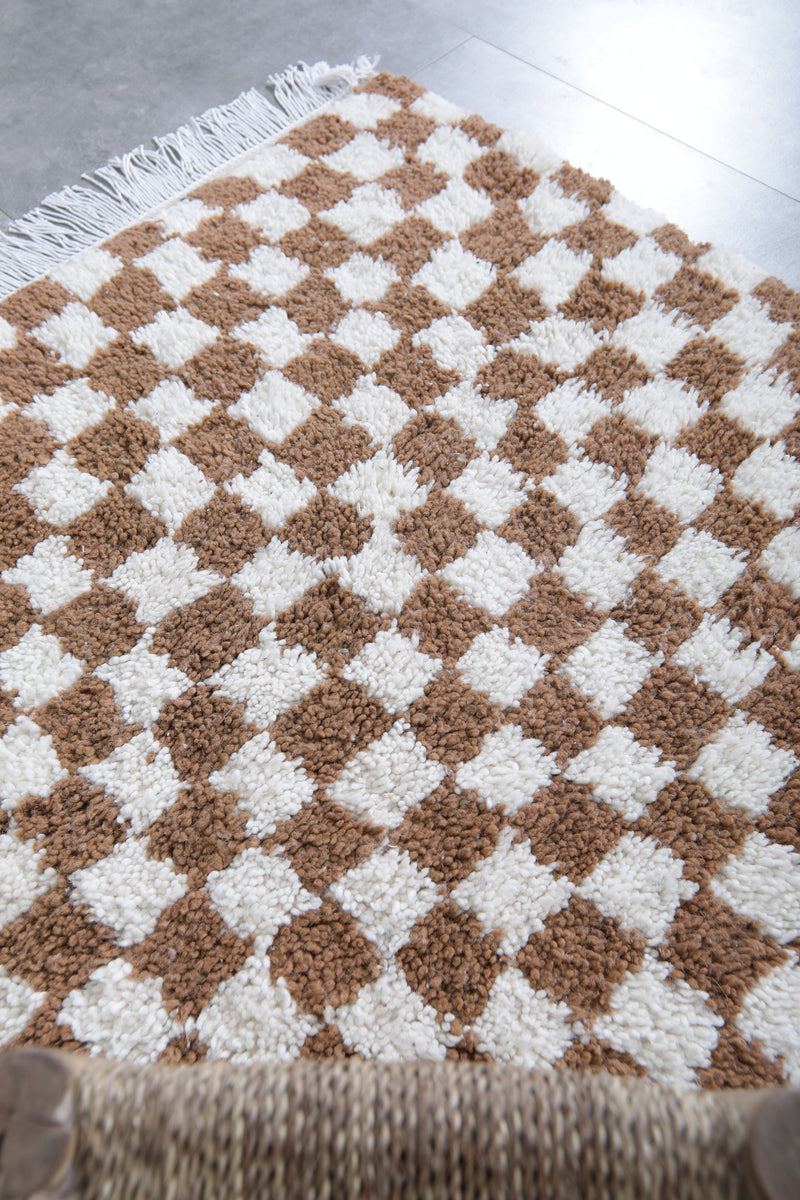 Checkered Moroccan Rug - Handwoven 3.2 x 3.3 Feet | Brown & White Wool Accent