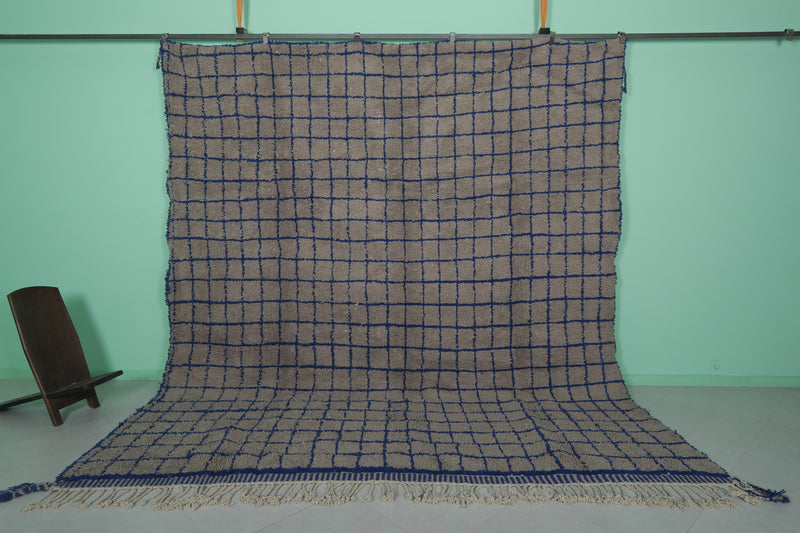 Large Moroccan Rug - 10.6 x 12.2 ft | Blue and Beige Grid Pattern