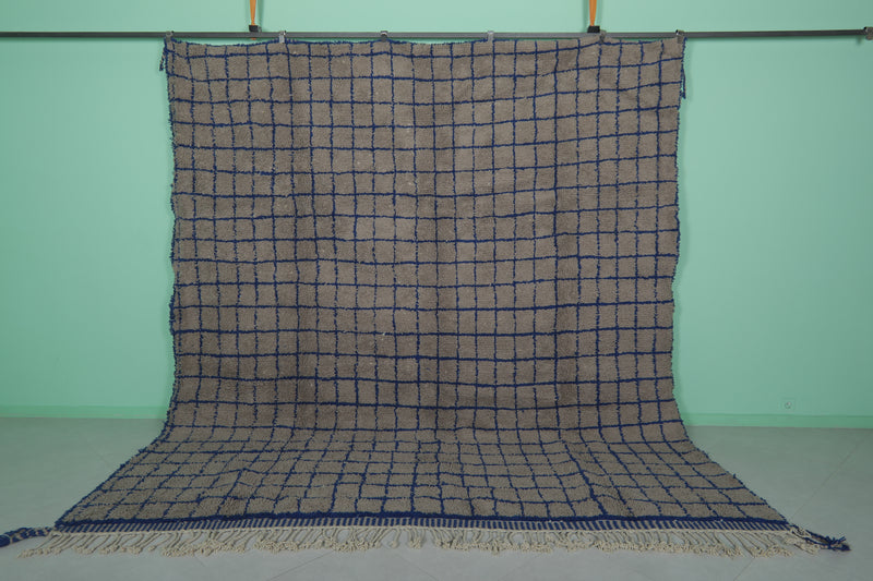 Large Moroccan Rug - 10.6 x 12.2 ft | Blue and Beige Grid Pattern