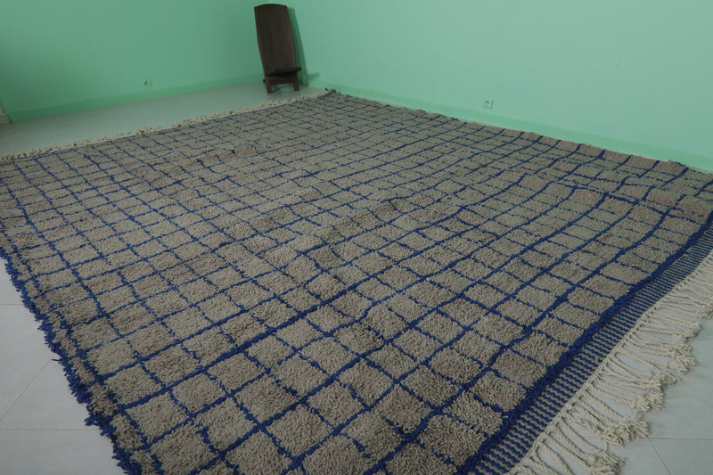 Large Moroccan Rug - 10.6 x 12.2 ft | Blue and Beige Grid Pattern