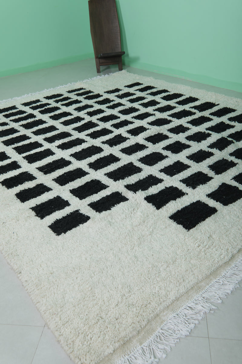 Striking Moroccan Rug with Black Grid Pattern - 8.1 x 9.8 Feet