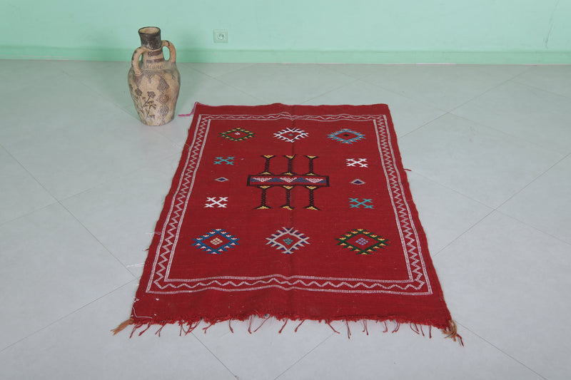 Red Handwoven Moroccan Kilim - 3.2 FT X 4.9 FT | Vibrant Berber Rug