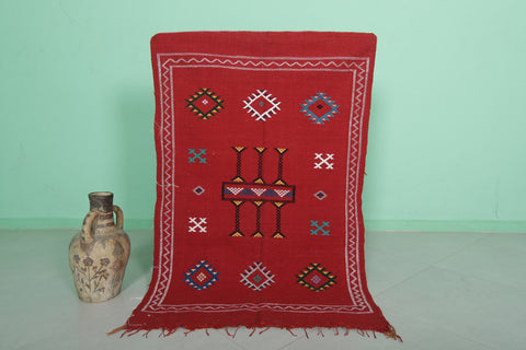 Red handwoven Moroccan kilim 3.2 FT X 4.9 FT