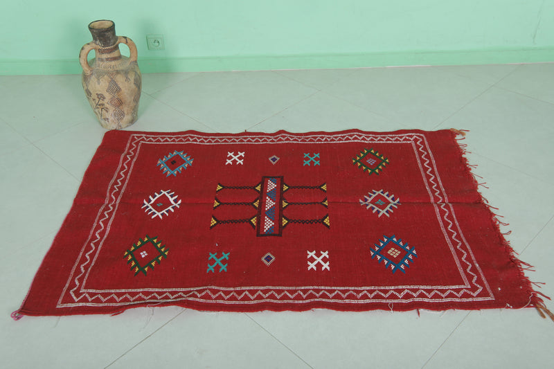 Red Handwoven Moroccan Kilim - 3.2 FT X 4.9 FT | Vibrant Berber Rug