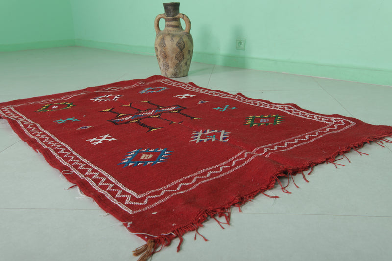 Red Handwoven Moroccan Kilim - 3.2 FT X 4.9 FT | Vibrant Berber Rug