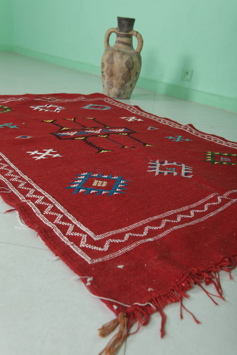 Red Handwoven Moroccan Kilim - 3.2 FT X 4.9 FT | Vibrant Berber Rug