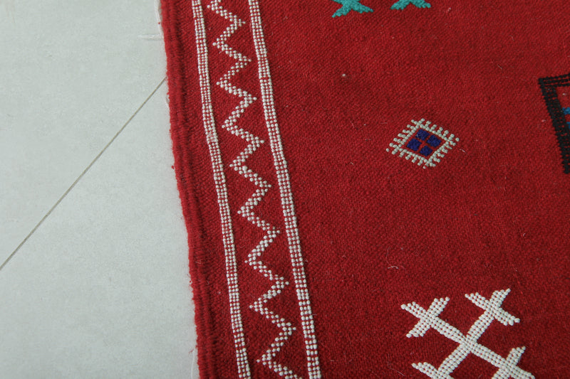 Red Handwoven Moroccan Kilim - 3.2 FT X 4.9 FT | Vibrant Berber Rug