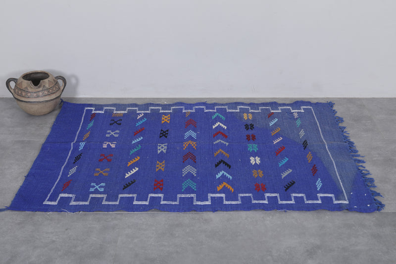 Handwoven Kilim 3.2 FT X 4.7 FT - Artisan Blue Rug with Geometric Patterns