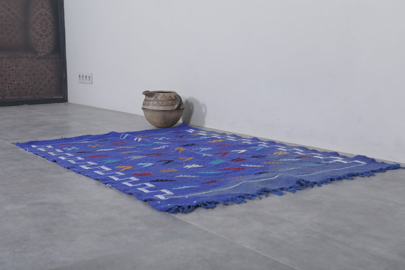 Handwoven Kilim 3.2 FT X 4.7 FT - Artisan Blue Rug with Geometric Patterns