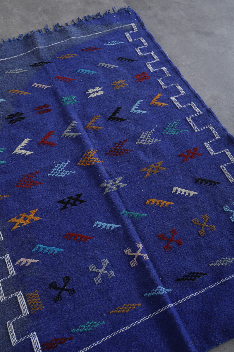 Handwoven Kilim 3.2 FT X 4.7 FT - Artisan Blue Rug with Geometric Patterns