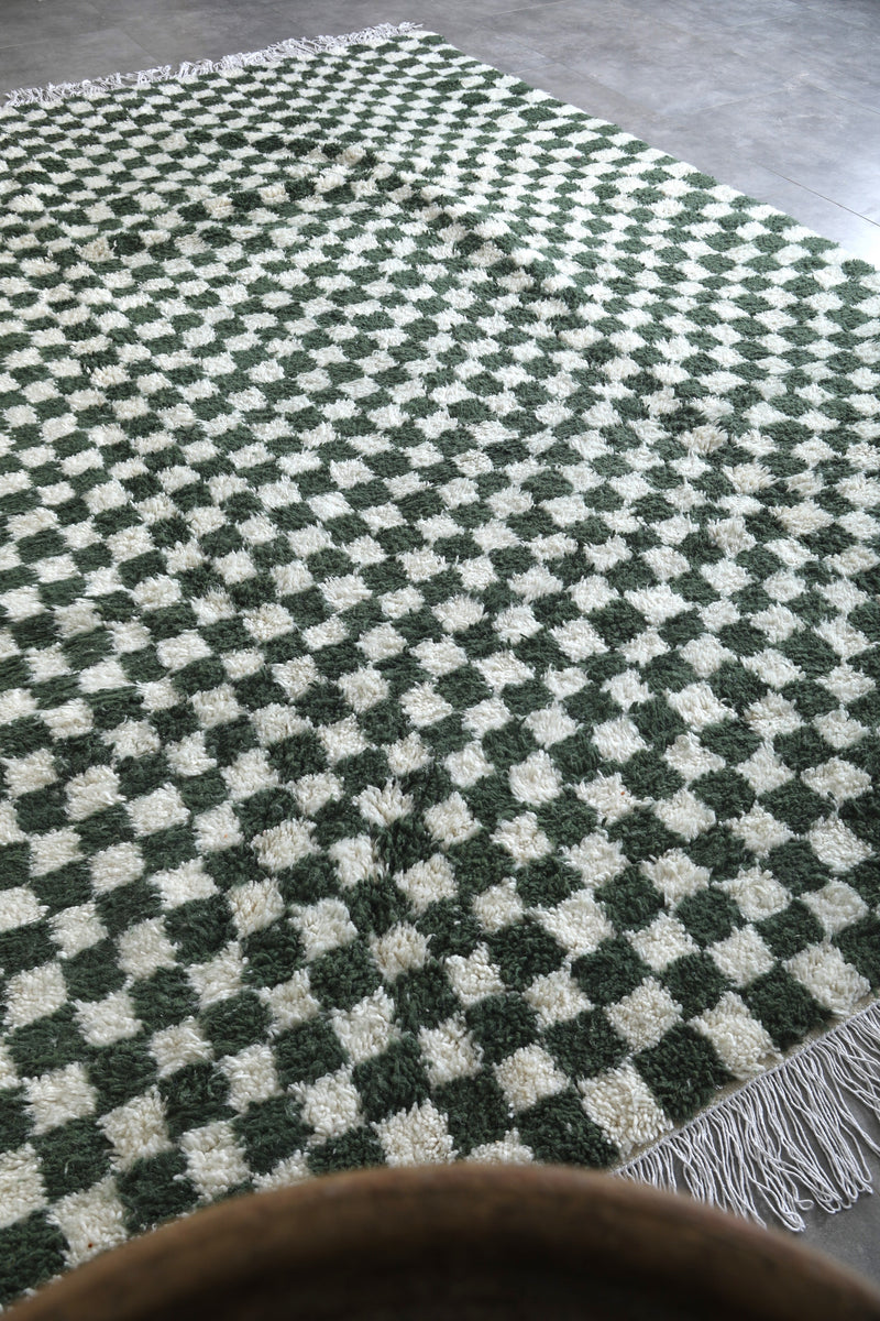 Green Moroccan Rug - 8.3 x 11.9 ft | Handwoven Checkered Design