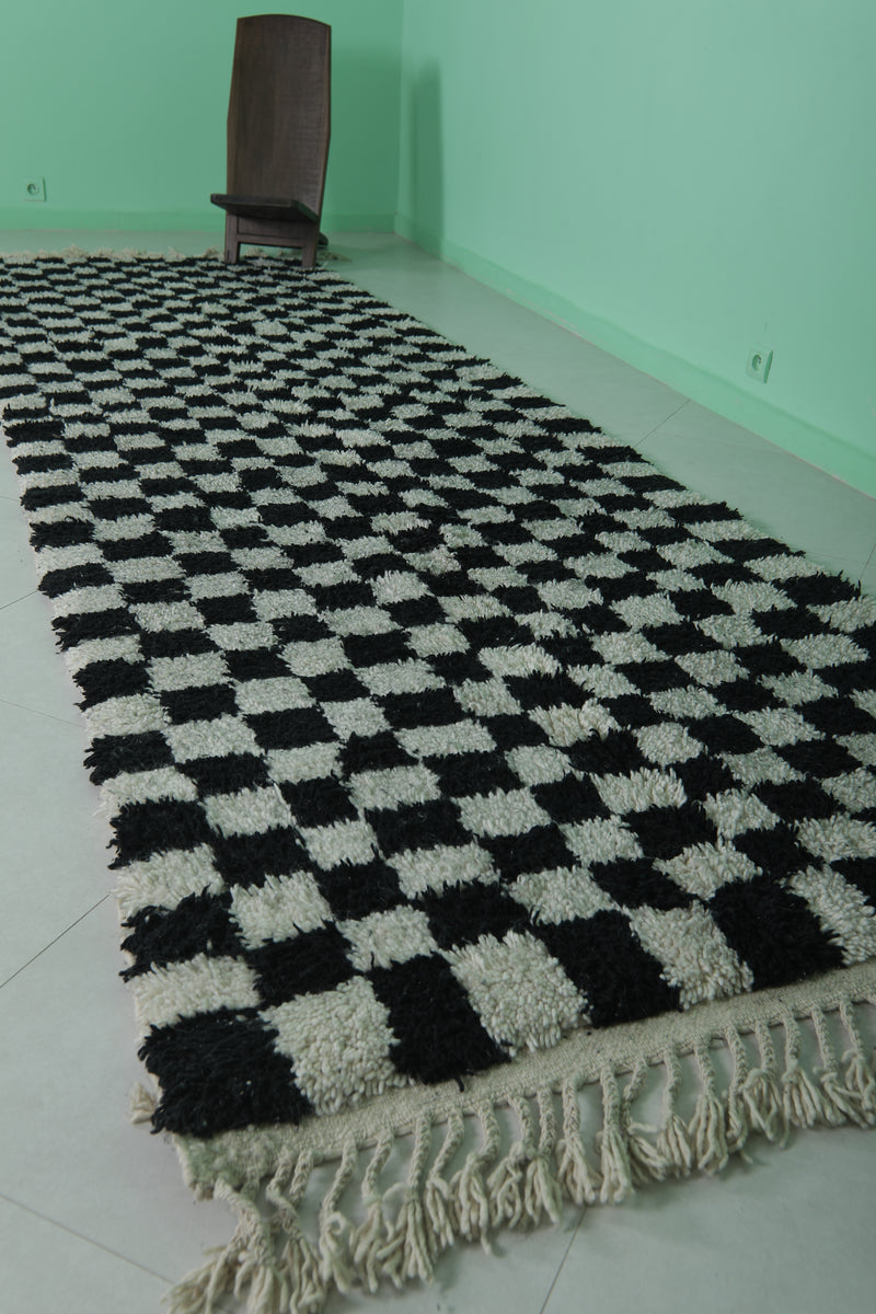 Moroccan Runner Rug - Black Checkered 4.3ft x 13.5ft