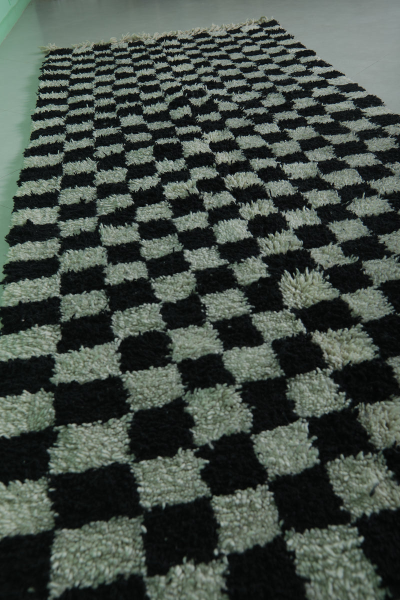 Moroccan Runner Rug - Black Checkered 4.3ft x 13.5ft