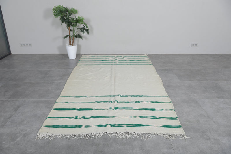 Beige and Green Striped Rug - 5.4 X 9.4 Feet | Handwoven Moroccan Kilim