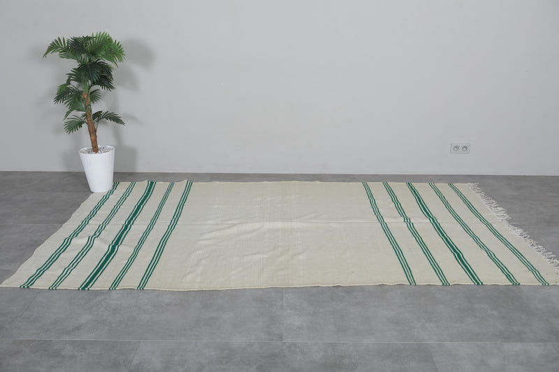 Beige and Green Striped Rug - 5.4 X 9.4 Feet | Handwoven Moroccan Kilim