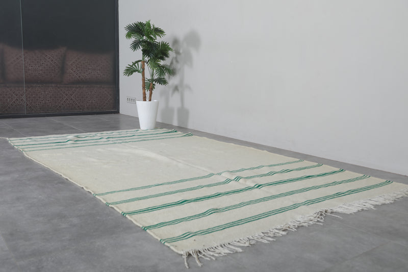 Beige and Green Striped Rug - 5.4 X 9.4 Feet | Handwoven Moroccan Kilim