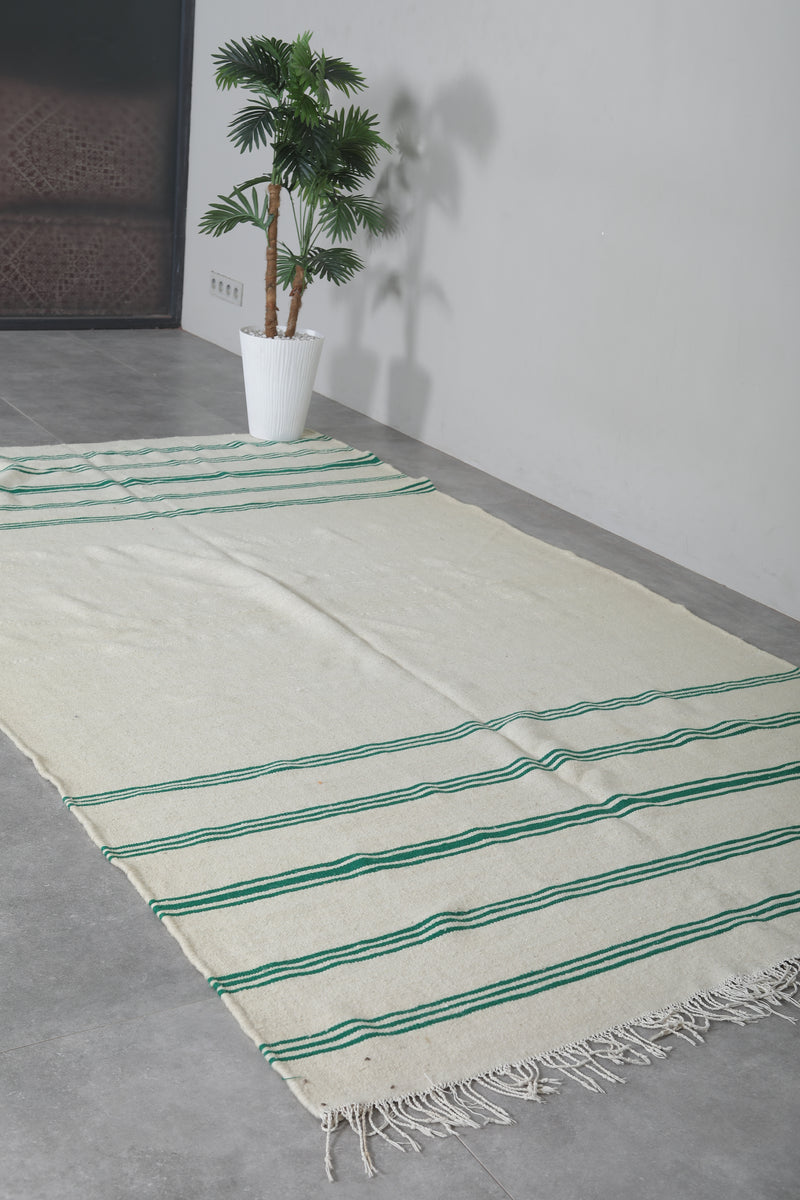 Beige and Green Striped Rug - 5.4 X 9.4 Feet | Handwoven Moroccan Kilim