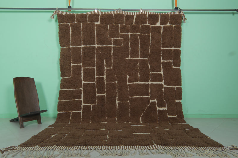 Large Moroccan Rug - 7.6 x 10.5 Feet, Brown with Cream Abstract Pattern | Handwoven Berber Rug