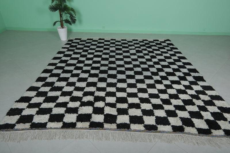 Moroccan Checkered Rug - 9.1 x 9.9 ft - Black and White Handmade Wool Rug