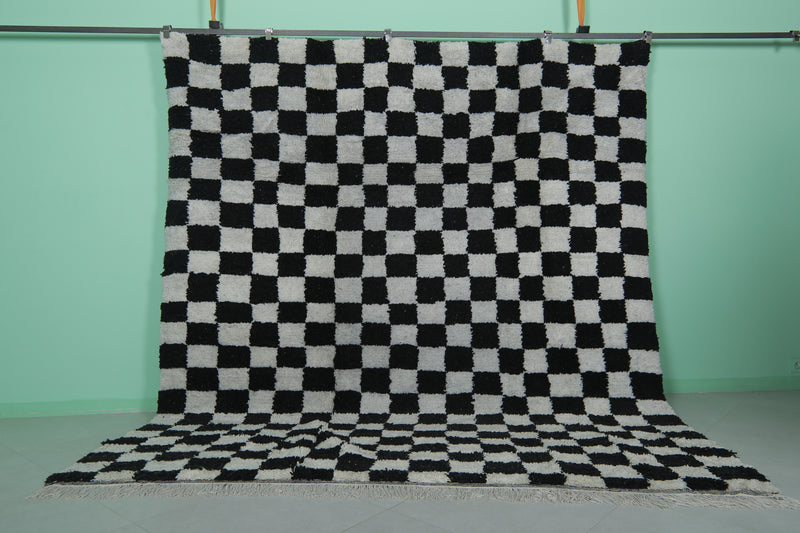 Moroccan Checkered Rug - 9.1 x 9.9 ft - Black and White Handmade Wool Rug