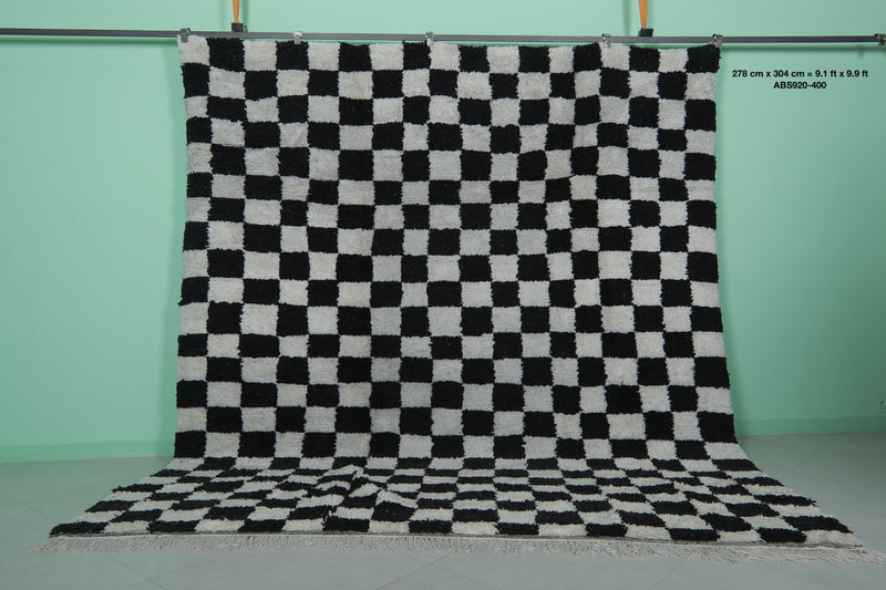 Moroccan Checkered Rug - 9.1 x 9.9 ft - Black and White Handmade Wool Rug