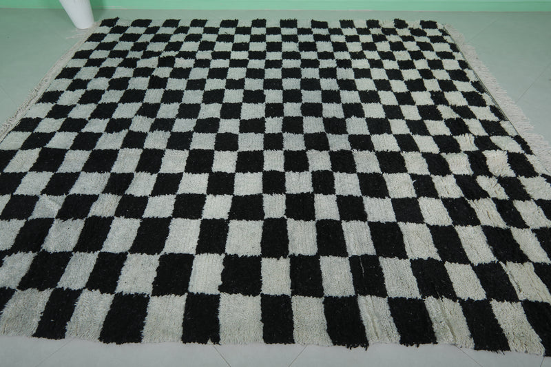 Moroccan Checkered Rug - 9.1 x 9.9 ft - Black and White Handmade Wool Rug