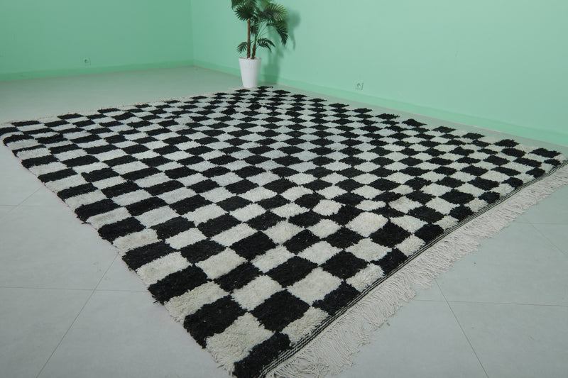 Moroccan Checkered Rug - 9.1 x 9.9 ft - Black and White Handmade Wool Rug