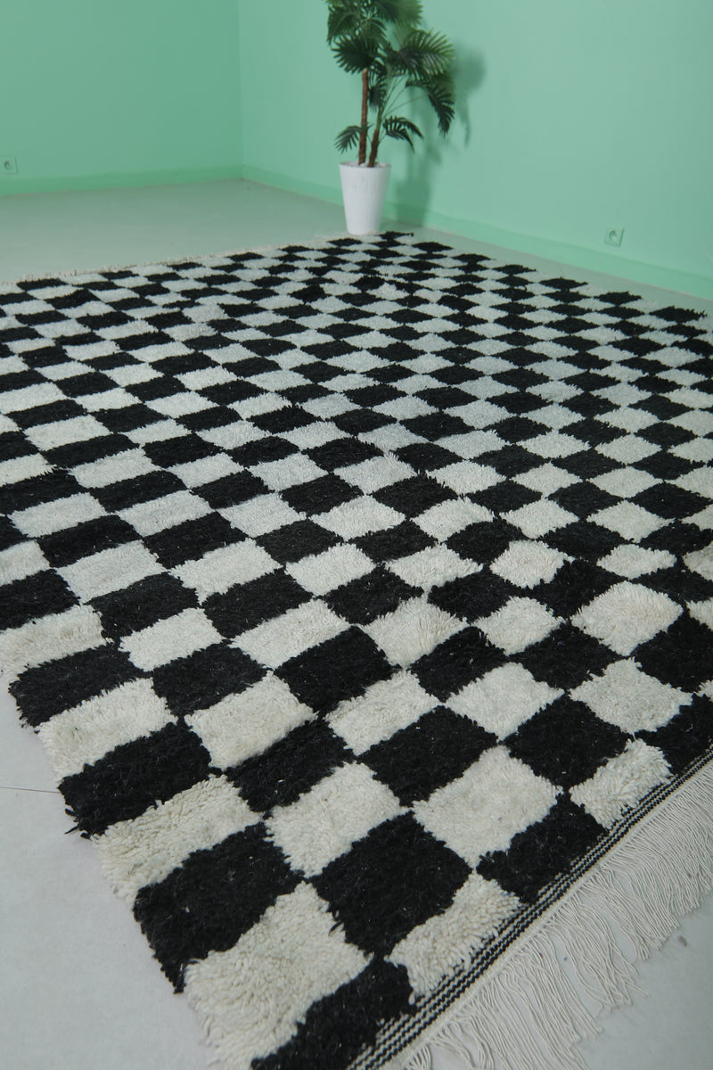 Moroccan Checkered Rug - 9.1 x 9.9 ft - Black and White Handmade Wool Rug