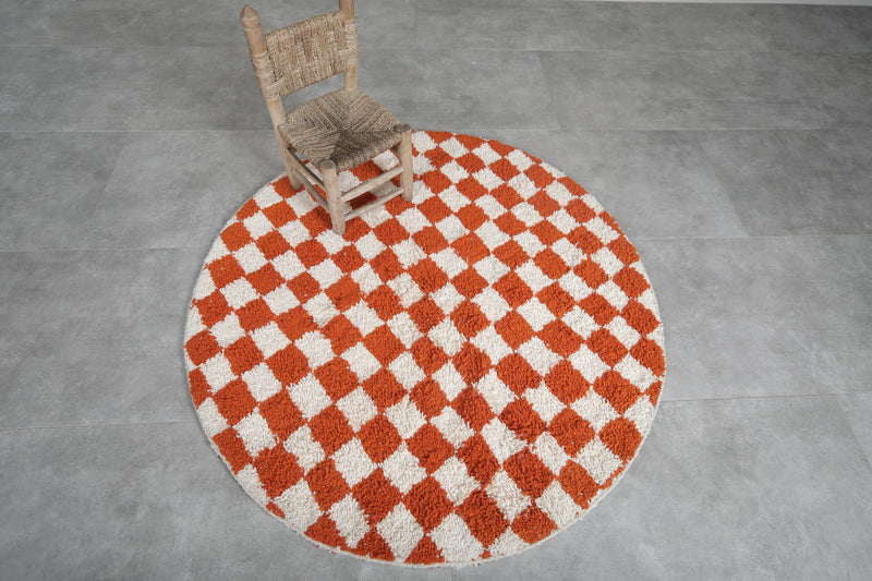 Round Moroccan Wool Rug - 5ft Orange Checkerboard