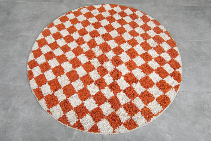 Round Moroccan Wool Rug - 5ft Orange Checkerboard