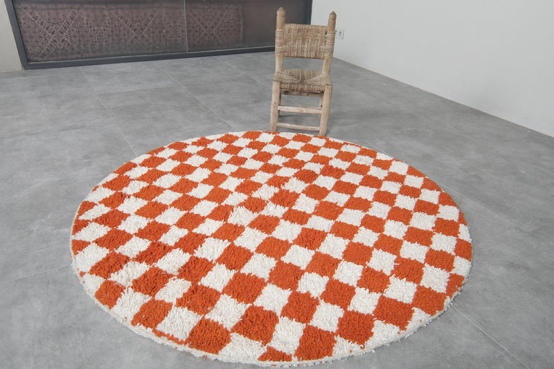 Round Moroccan Wool Rug - 5ft Orange Checkerboard