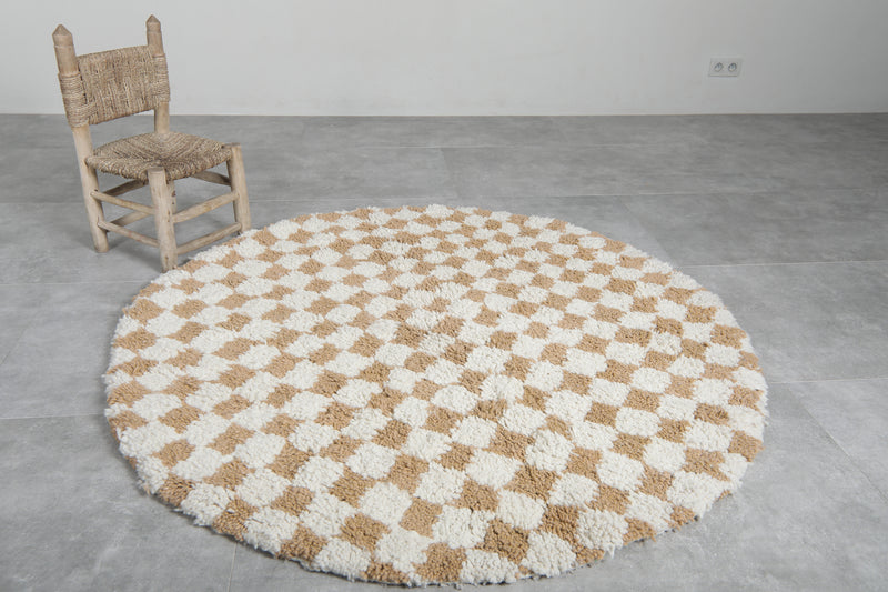 Round Moroccan Wool Rug - 5.1ft Beige & Cream Checkerboard