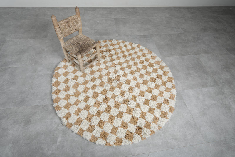 Round Moroccan Wool Rug - 5.1ft Beige & Cream Checkerboard