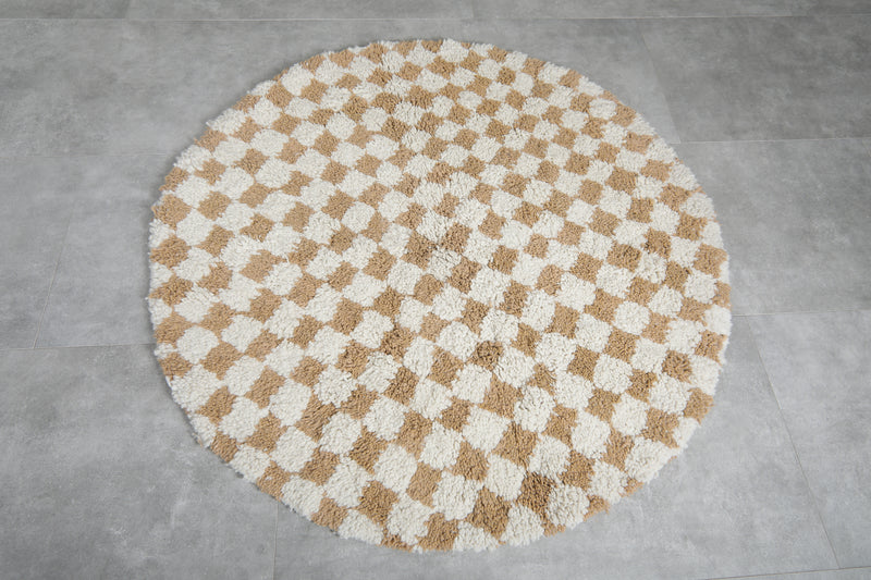 Round Moroccan Wool Rug - 5.1ft Beige & Cream Checkerboard