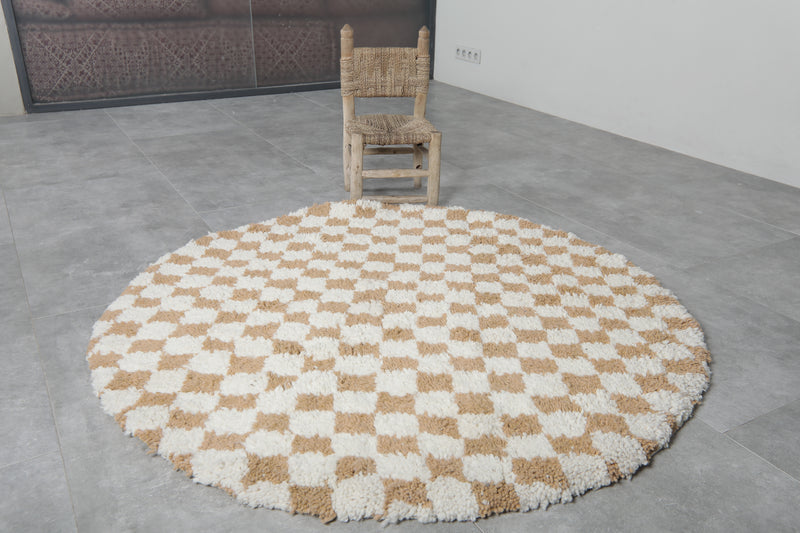 Round Moroccan Wool Rug - 5.1ft Beige & Cream Checkerboard