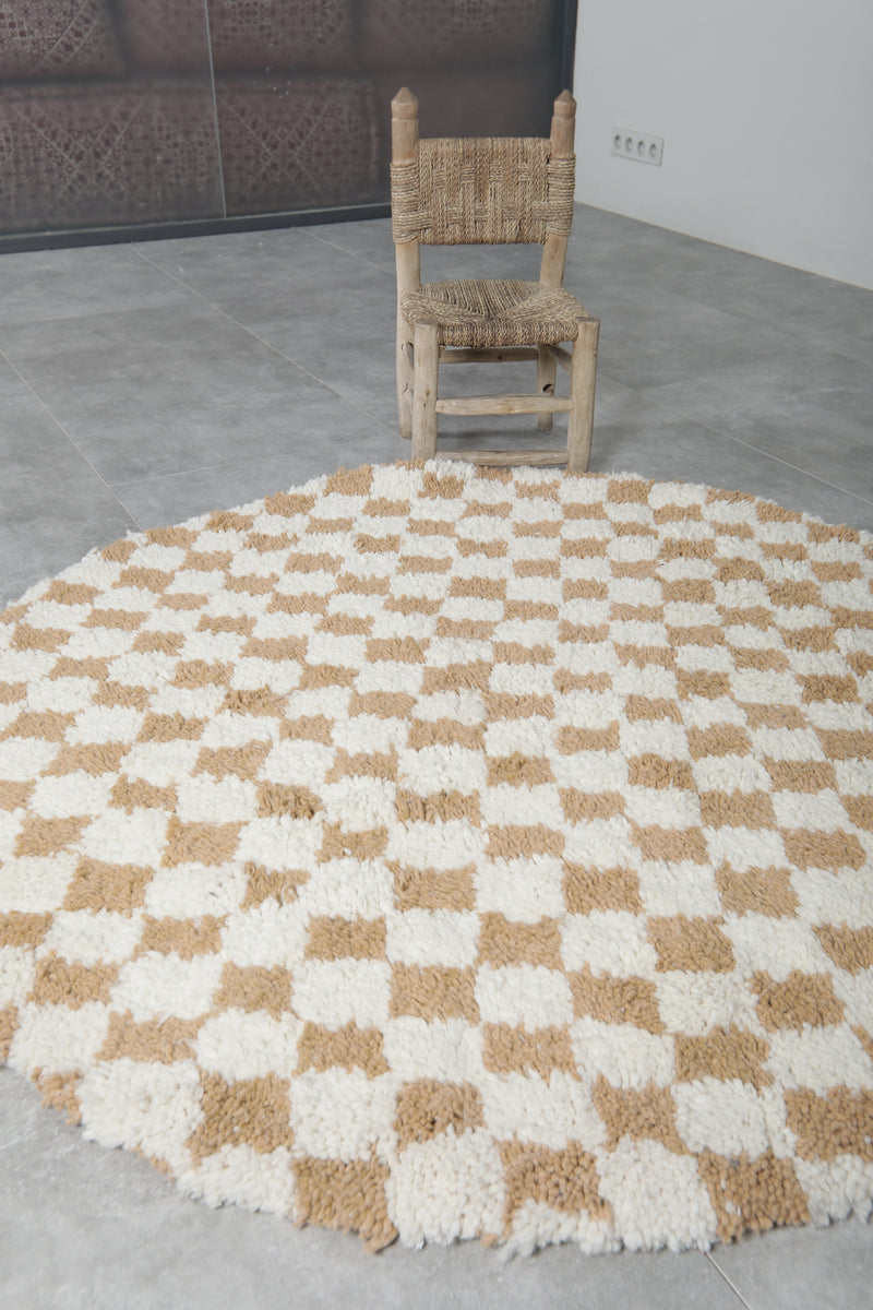 Round Moroccan Wool Rug - 5.1ft Beige & Cream Checkerboard