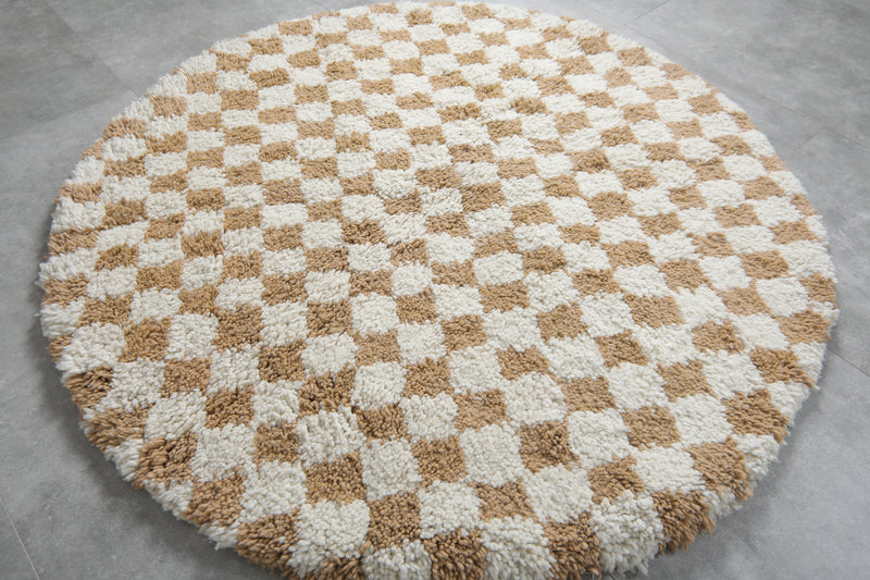 Round Moroccan Wool Rug - 5.1ft Beige & Cream Checkerboard