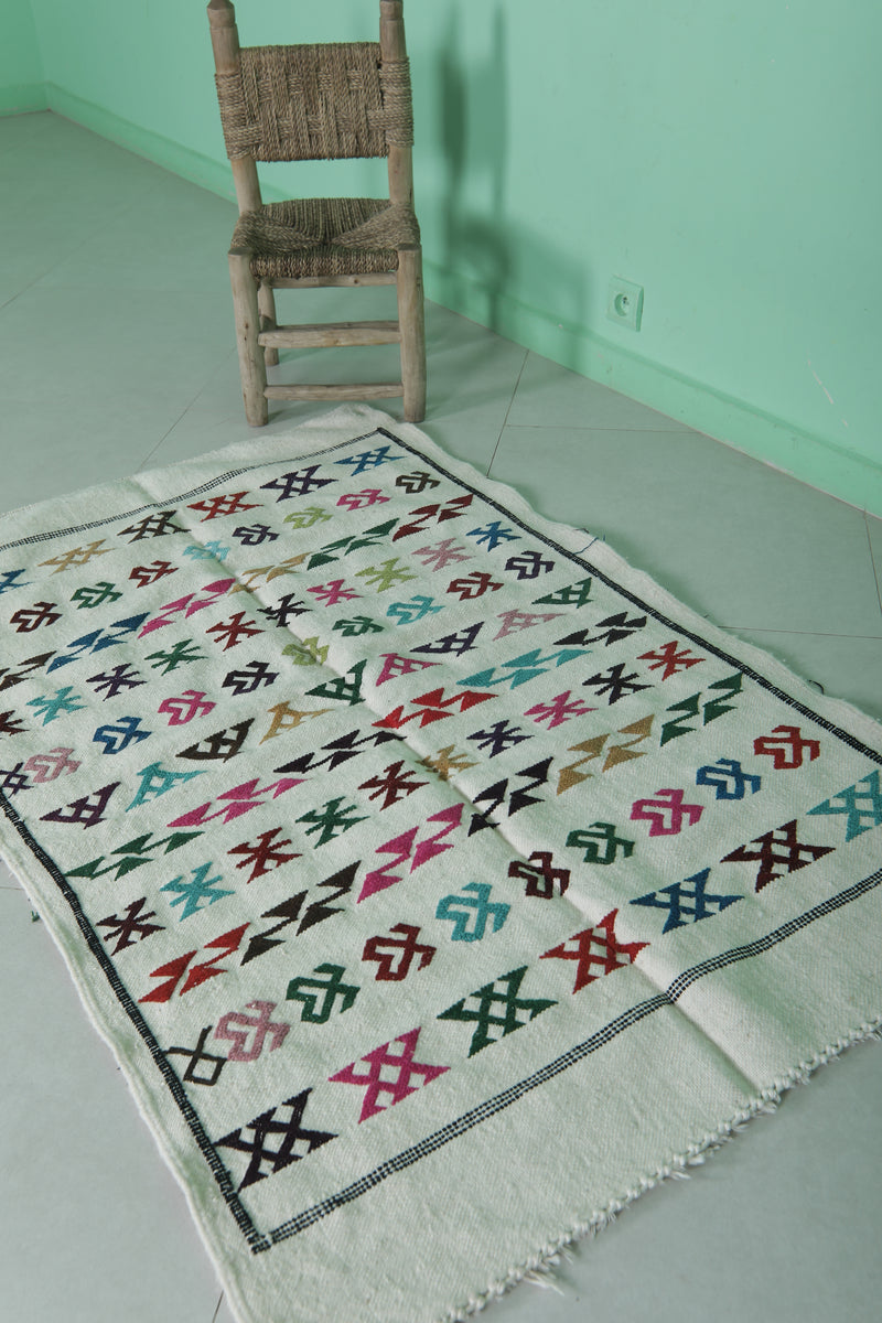 White Moroccan Rug - Handwoven Colorful Patterns - 3.1x4.9 ft