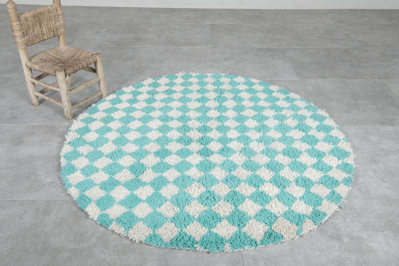 Round Moroccan Wool Rug - 4.9ft Aqua & Cream Checkerboard