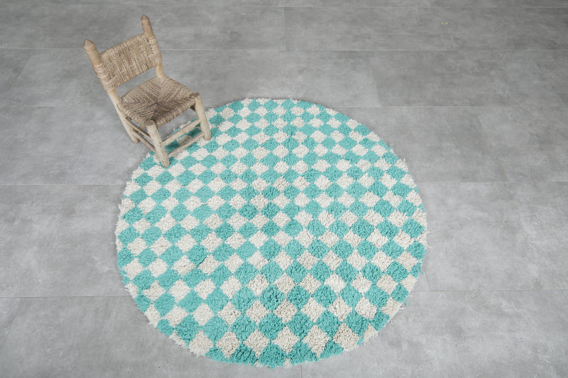 Round Moroccan Wool Rug - 4.9ft Aqua & Cream Checkerboard