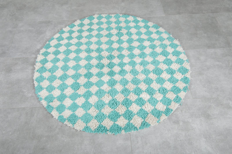 Round Moroccan Wool Rug - 4.9ft Aqua & Cream Checkerboard