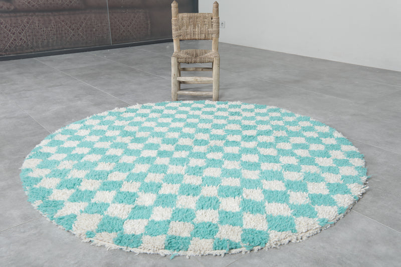 Round Moroccan Wool Rug - 4.9ft Aqua & Cream Checkerboard