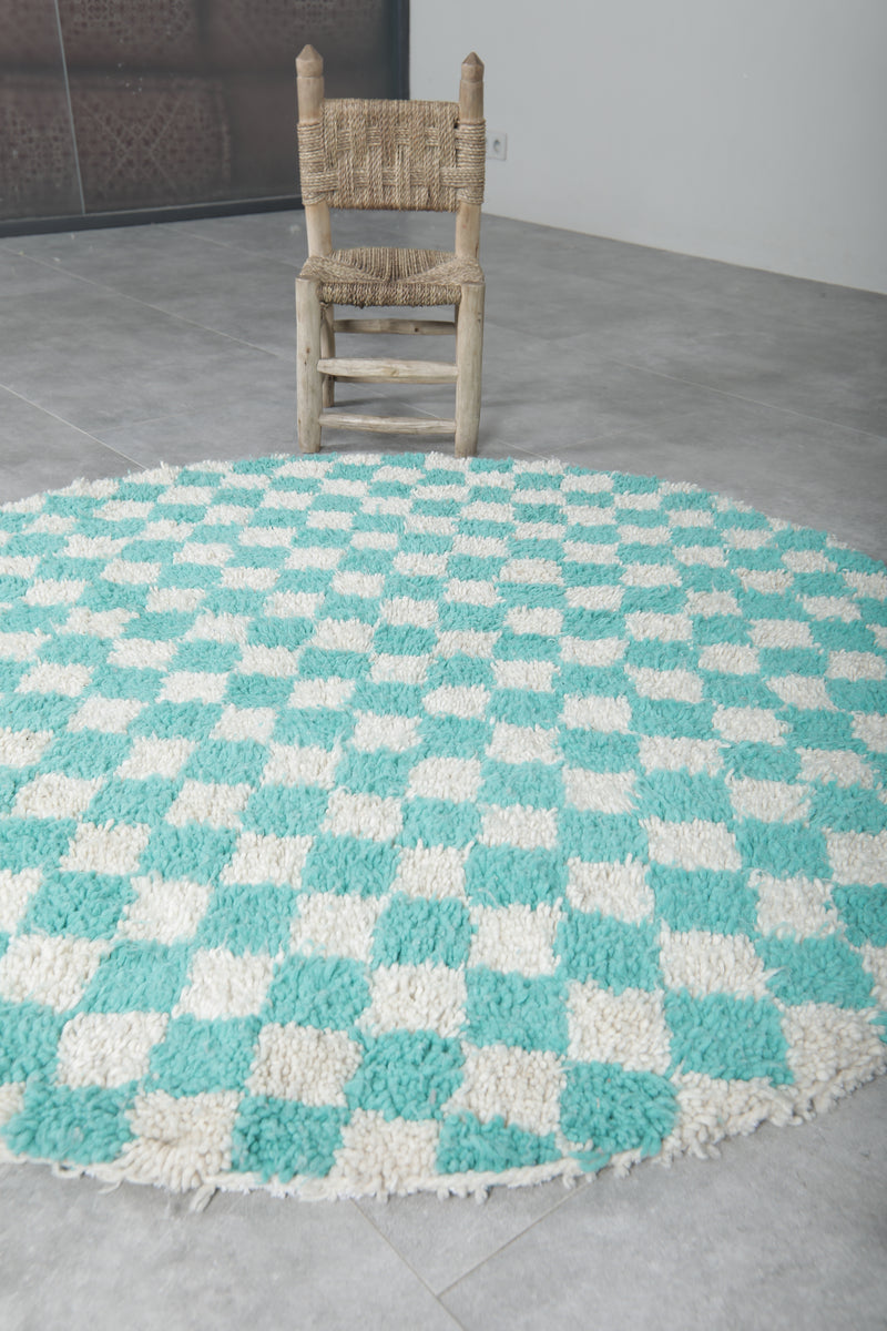 Round Moroccan Wool Rug - 4.9ft Aqua & Cream Checkerboard