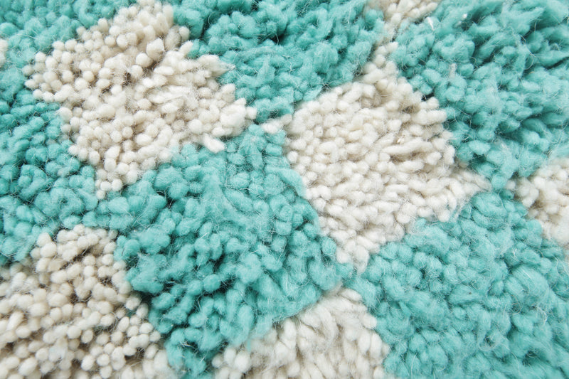 Round Moroccan Wool Rug - 4.9ft Aqua & Cream Checkerboard