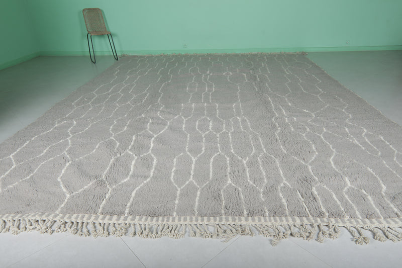 Large Moroccan Wool Rug - 11 x 14.3 FT | Handwoven Gray and Ivory Geometric Pattern