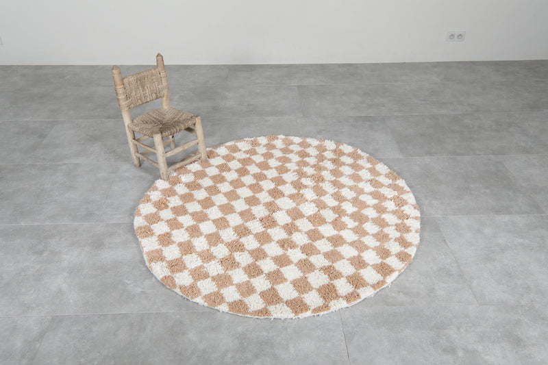 Round Moroccan Wool Rug - 5ft Beige & Cream Checkerboard