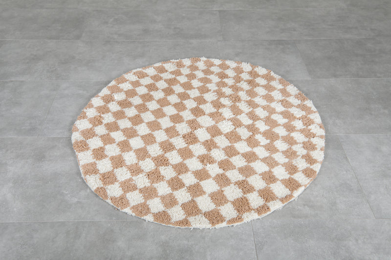 Round Moroccan Wool Rug - 5ft Beige & Cream Checkerboard