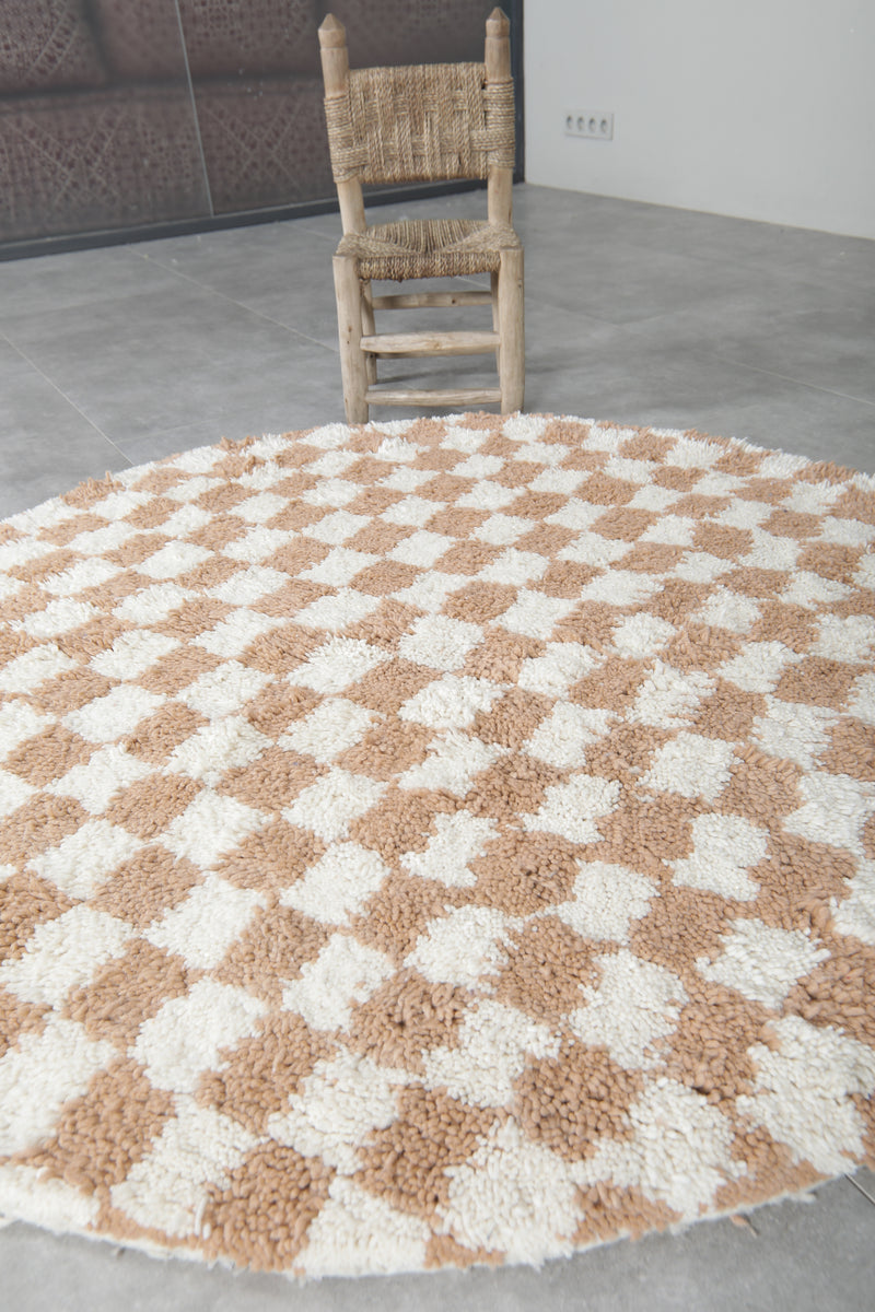 Round Moroccan Wool Rug - 5ft Beige & Cream Checkerboard