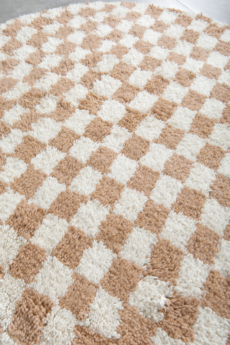 Round Moroccan Wool Rug - 5ft Beige & Cream Checkerboard